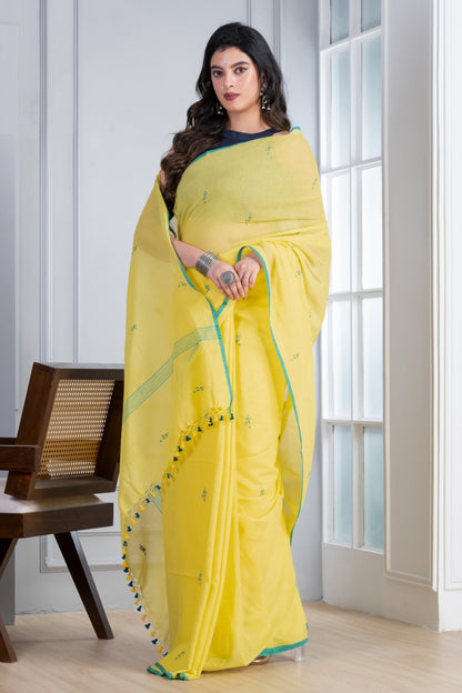 Light Yellow Jamdani Handloom Mul Cotton Saree with Tassels