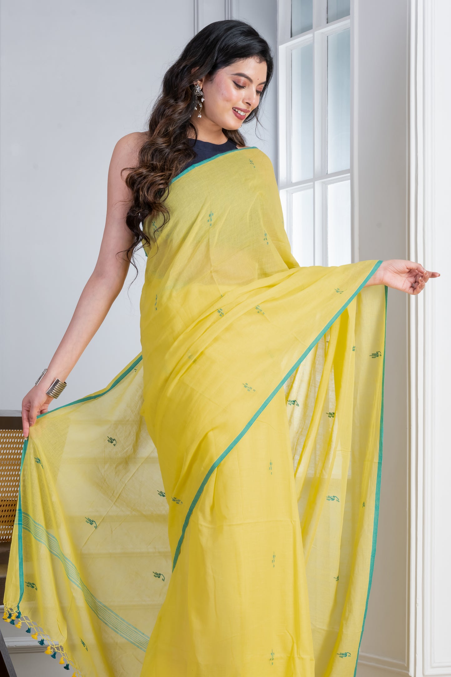 Light Yellow Jamdani Handloom Mul Cotton Saree with Tassels