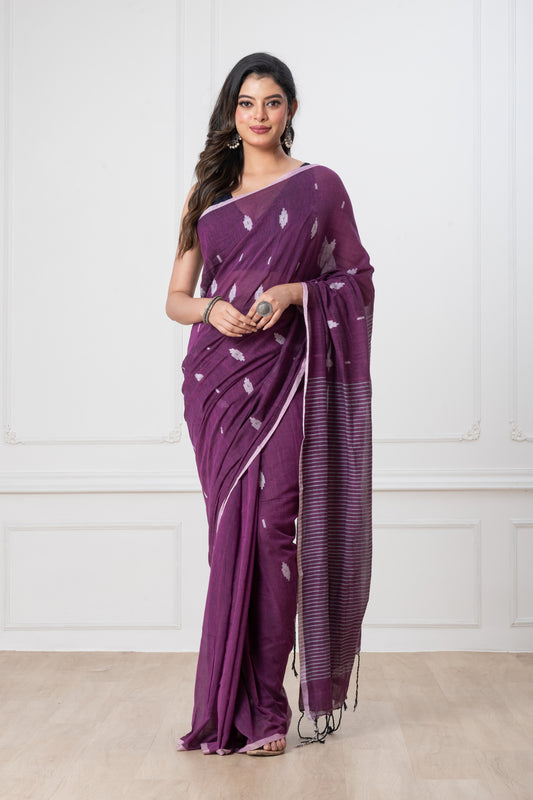 Purple Mul Cotton	Jamdani Saree with Tassels