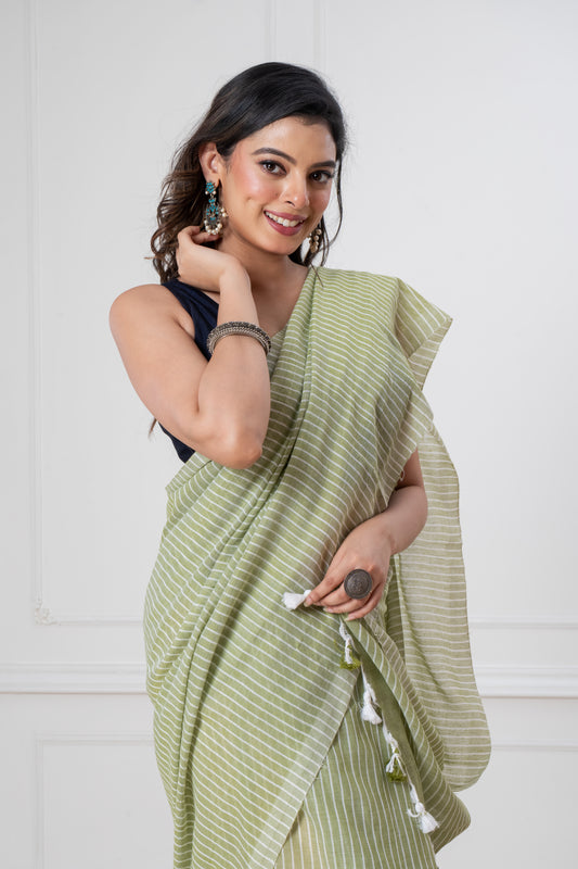 Lime Green Khadi Cotton All Over Stripes Saree with Tassels