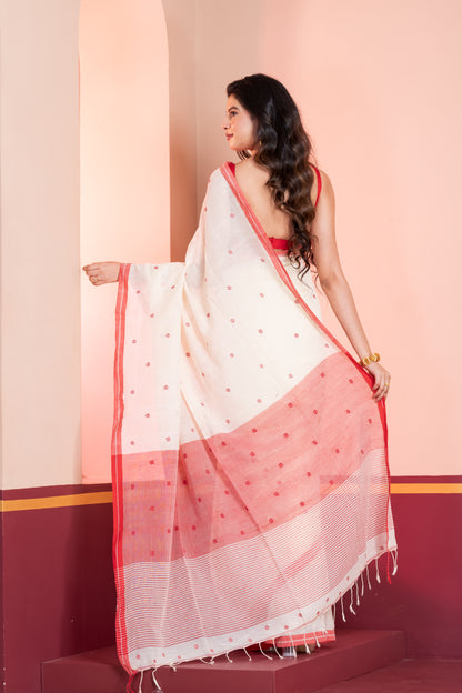 Cream and Red Handloom Mark Buti Jamdani Cotton Saree
