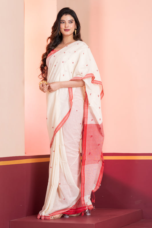 Cream and Red Handloom Mark Buti Jamdani Cotton Saree