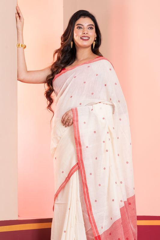 Cream and Red Handloom Mark Buti Jamdani Cotton Saree