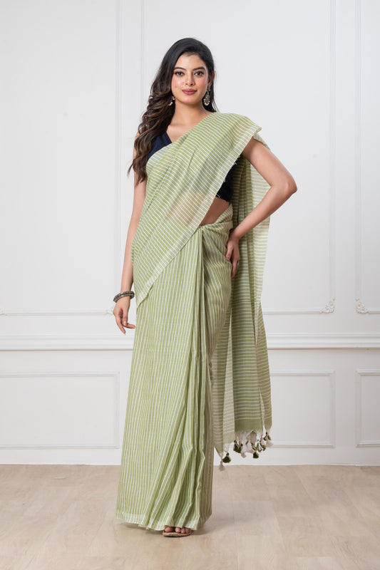 Lime Green Khadi Cotton All Over Stripes Saree with Tassels