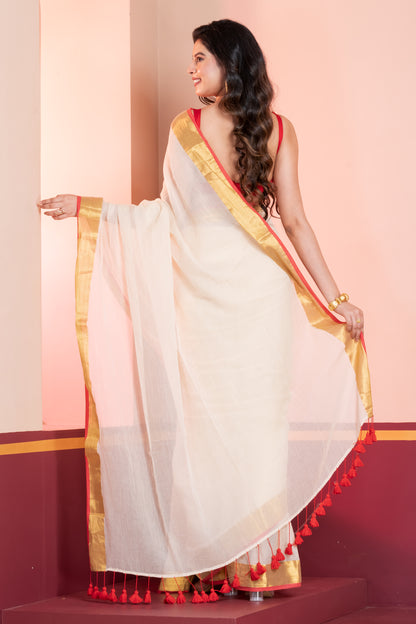 Cream and Red Handloom Mul Cotton Saree with Zari and Tassels