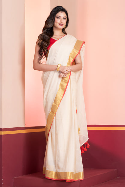 Cream and Red Handloom Mul Cotton Saree with Zari and Tassels