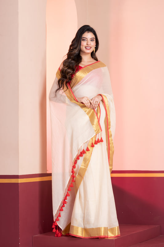Cream and Red Handloom Mul Cotton Saree with Zari and Tassels