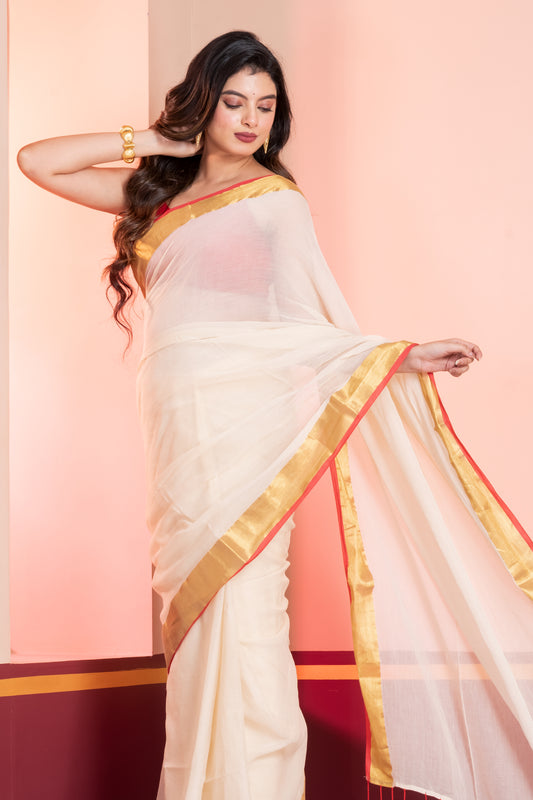 Cream and Red Handloom Mul Cotton Saree with Zari and Tassels