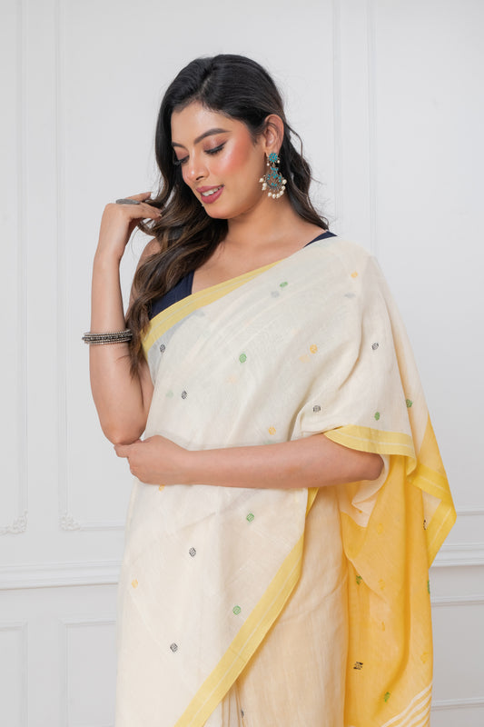 Off White & Yellow Handloom Mark Mul Cotton Jamdani Saree