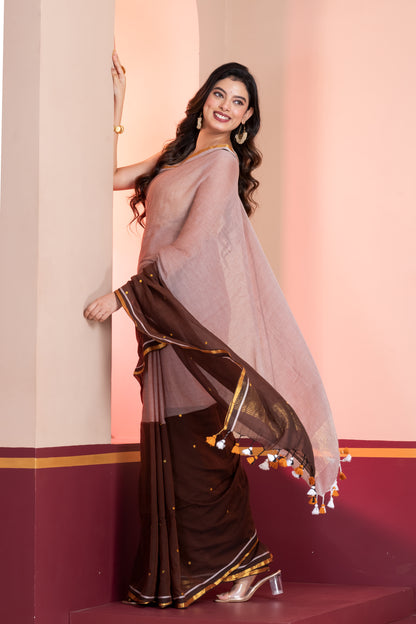Brown Colourblocked Handloom Mul Cotton Saree with Sequence, Zari and Tassels