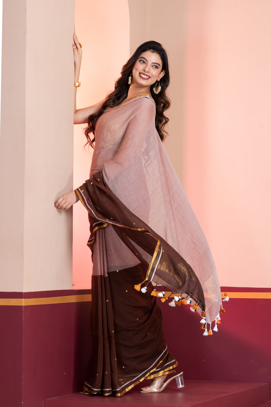 Brown Colourblocked Handloom Mul Cotton Saree with Sequence, Zari and Tassels