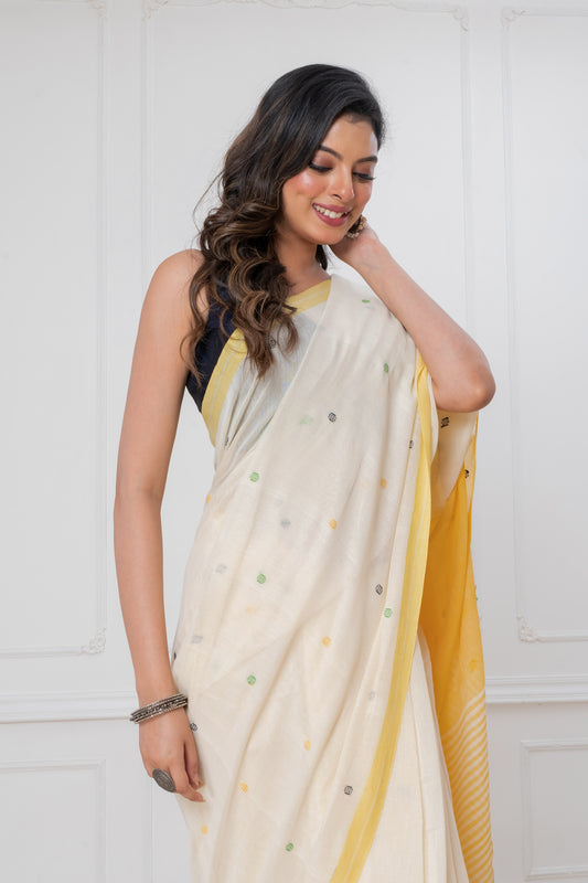 Off White & Yellow Handloom Mark Mul Cotton Jamdani Saree