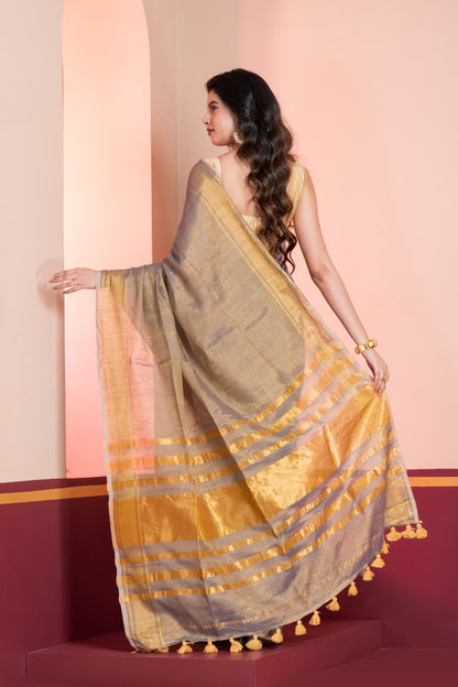 Grey Gold Dual Tone Linen Tissue Saree with Zari and Tassels