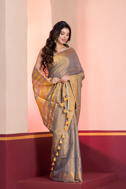 Grey Gold Dual Tone Linen Tissue Saree with Zari and Tassels