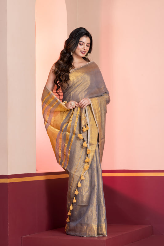Grey Gold Dual Tone Linen Tissue Saree with Zari and Tassels