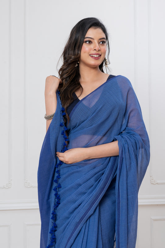 Navy Blue Handloom Mark Small Checks Mul Cotton Saree with Tassels