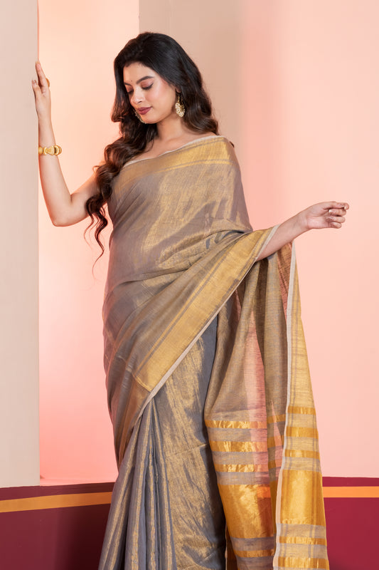 Grey Gold Dual Tone Linen Tissue Saree with Zari and Tassels