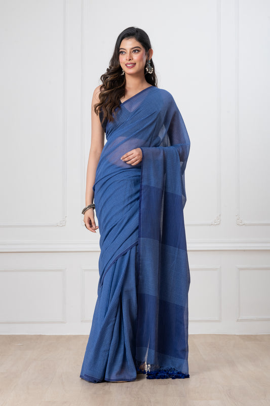 Navy Blue Handloom Mark Small Checks Mul Cotton Saree with Tassels
