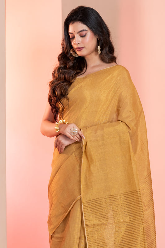 Golden Linen Tissue Saree with Zari