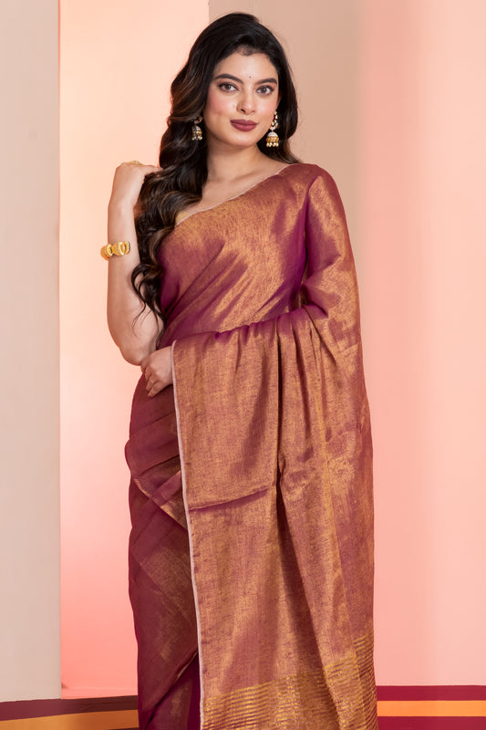 Brown Golden Dual Tone Linen Tissue Saree with Zari