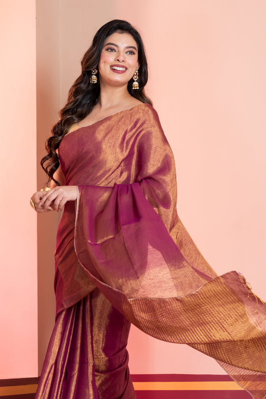 Purple Golden Dual Tone Linen Tissue Saree with Zari