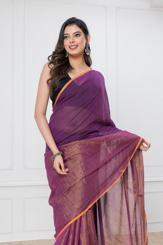Purple Mul Cotton Saree with Zari Stripes and Tassels