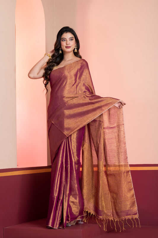 Brown Golden Dual Tone Linen Tissue Saree with Zari