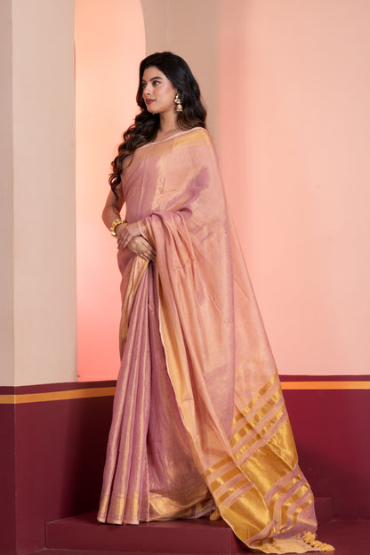 Pastel Pink Dual Tone Linen Tissue Saree with Zari and Tassels
