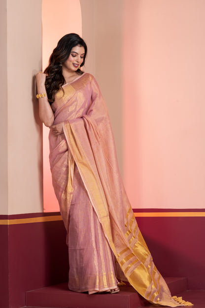 Pastel Pink Dual Tone Linen Tissue Saree with Zari and Tassels