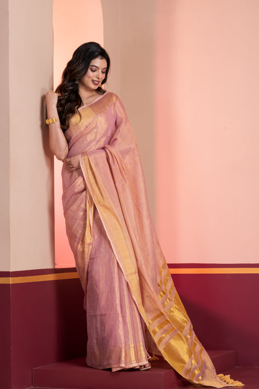Pastel Pink Dual Tone Linen Tissue Saree with Zari and Tassels