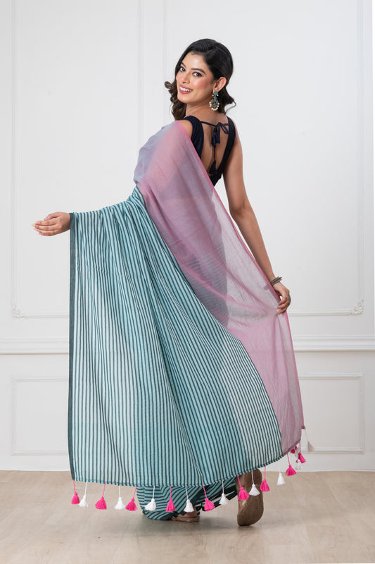 Blue Stripes Mul Cotton Saree with Tassels