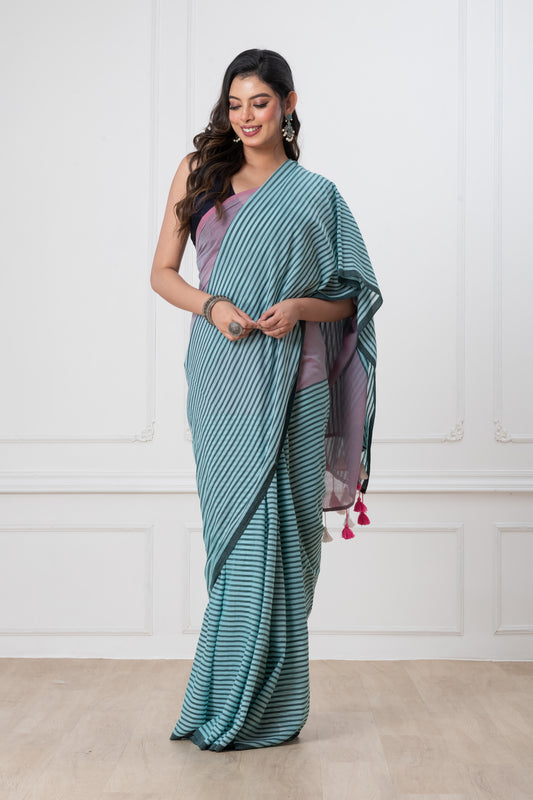 Blue Stripes Mul Cotton Saree with Tassels