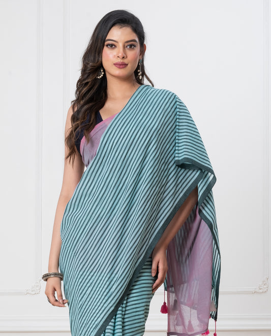 Blue Stripes Mul Cotton Saree with Tassels