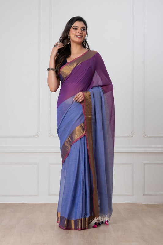 Blue & Purple Colorblocked Mul Cotton Saree with Zari and Tassels