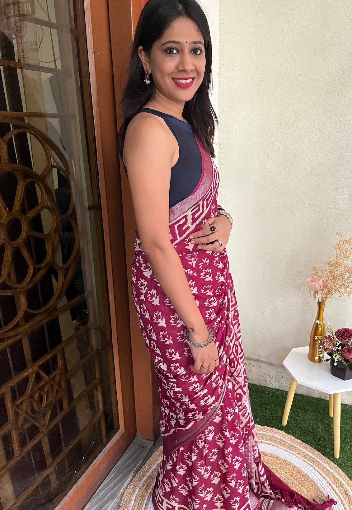 Red Cotton Linen Saree with Bagru Handblock Print Saree Handloom saree, handcrafted saree, daily wear saree, office saree, affordable saree, saree for summers, Suta sarees, Eternity by Sakshi Sarees,