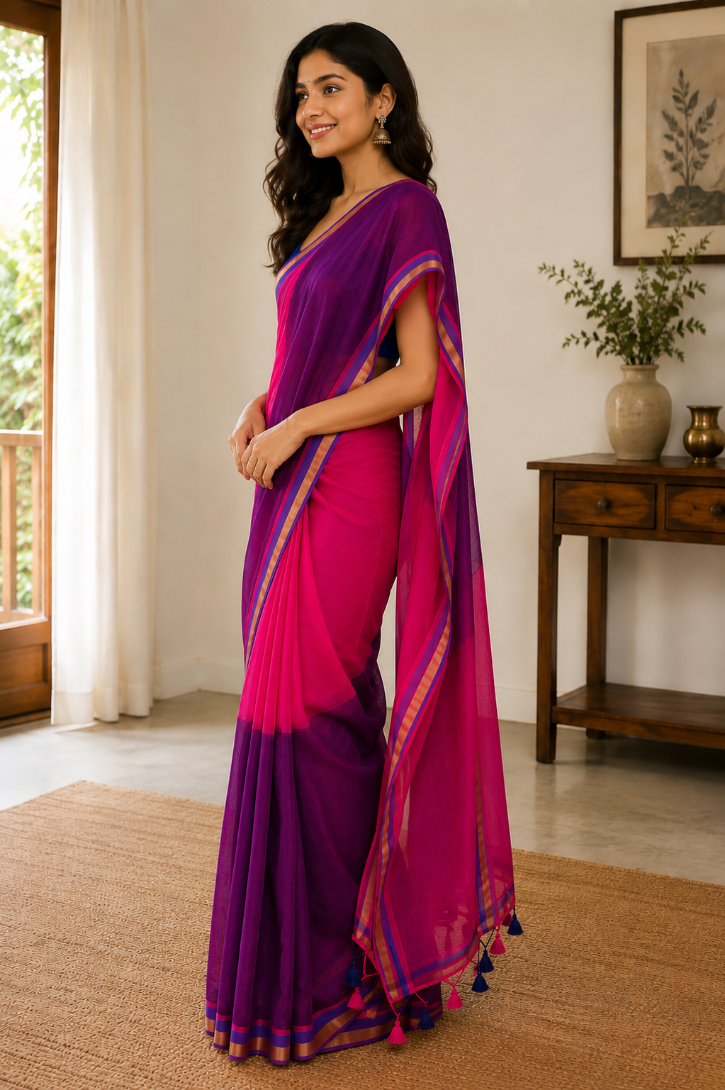 Jamuni Gulab Handloom Mul Cotton Saree with Zari and Tassels Saree Handloom saree, handcrafted saree, daily wear saree, office saree, affordable saree, saree for summers, Suta sarees, Eternity by Sakshi Sarees,