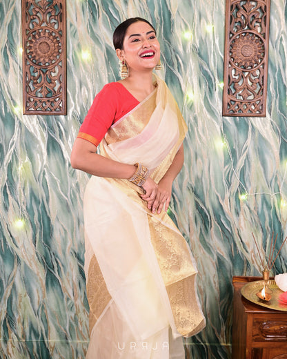 Cream Organza Tissue Saree With Gold Zari Border Saree Handloom saree, handcrafted saree, daily wear saree, office saree, affordable saree, saree for summers, Suta sarees, Eternity by Sakshi Sarees,