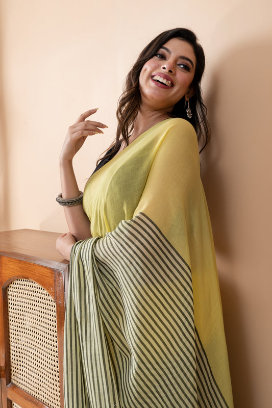 Yellow Stripes Mul Cotton Saree with Tassels