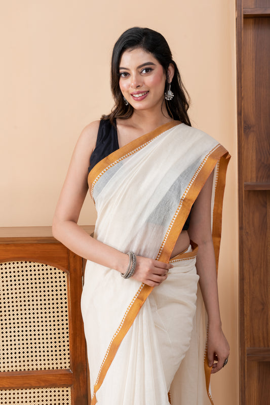 Off White Dhaniakhali Pure Cotton Saree with Sleek Golden Border