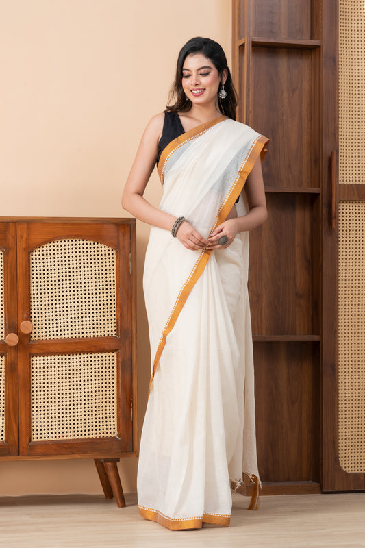Off White Dhaniakhali Pure Cotton Saree with Sleek Golden Border