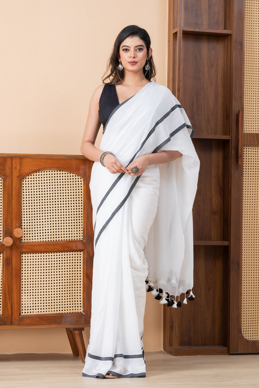 White Solid Mul Cotton Saree with Dual Stripes and Tassels