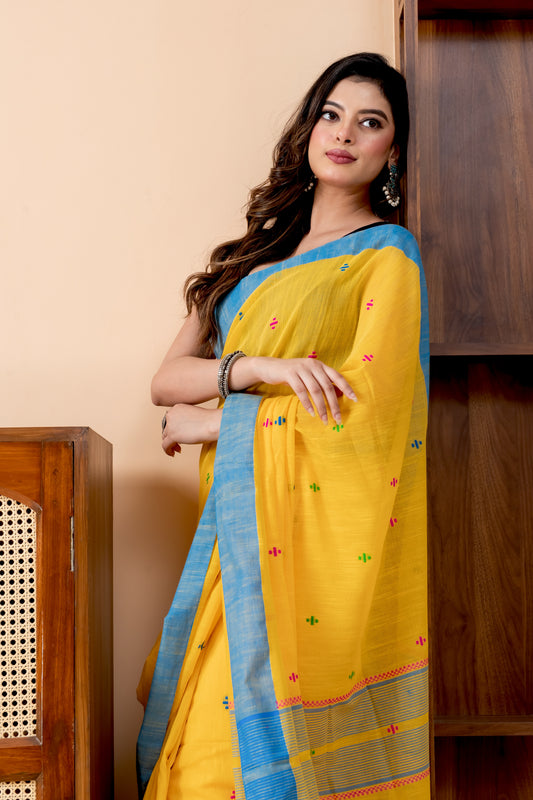 Yellow Handloom Mark Pure Cotton Jamdani Saree with Tassels