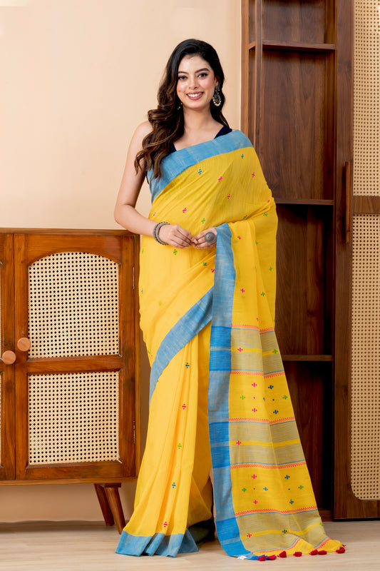 Yellow Handloom Mark Pure Cotton Jamdani Saree with Tassels