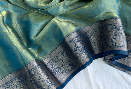 Blue Green Dual Tone Banarasi Space Satin Semi Silk Saree