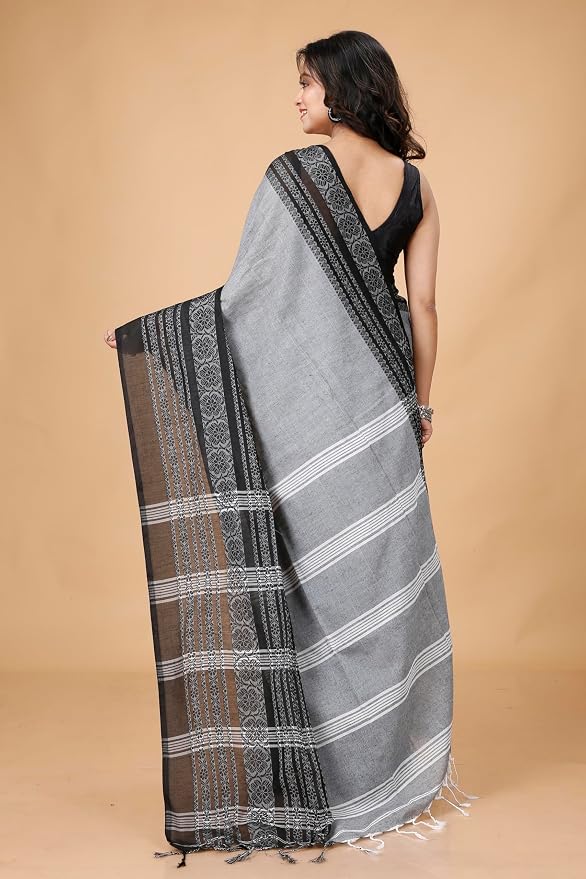 Grey Begumpuri Cotton Saree with Heavy Black Embrodiered Border Saree Handloom saree, handcrafted saree, daily wear saree, office saree, affordable saree, saree for summers, Suta sarees, Eternity by Sakshi Sarees,