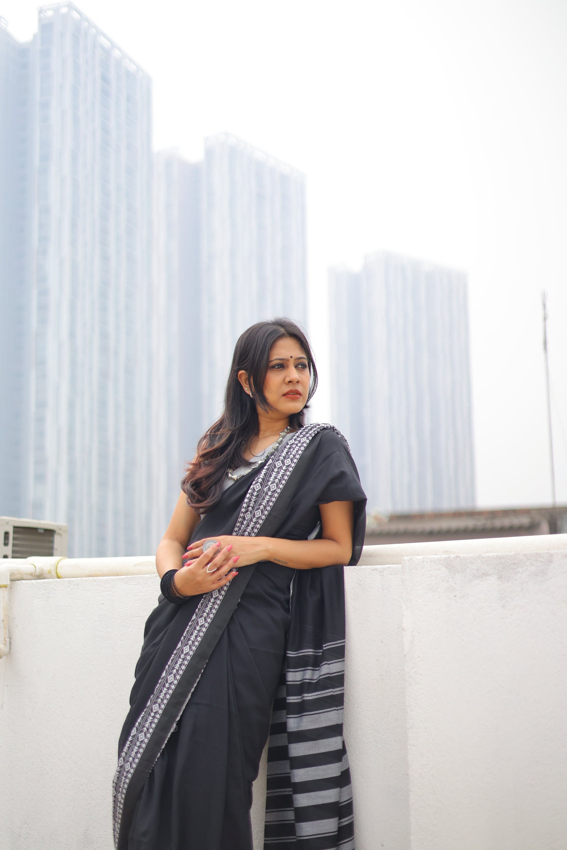 Black Mul Cotton Saree with Heavy Embroidered Border and Tassels Saree Handloom saree, handcrafted saree, daily wear saree, office saree, affordable saree, saree for summers, Suta sarees, Eternity by Sakshi Sarees,