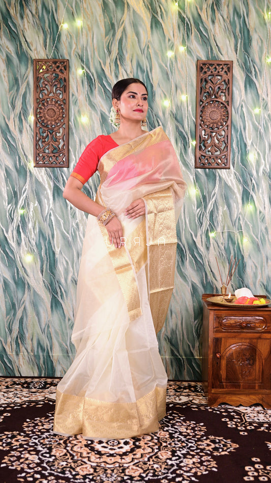 Cream Organza Tissue Saree With Gold Zari Border Saree Handloom saree, handcrafted saree, daily wear saree, office saree, affordable saree, saree for summers, Suta sarees, Eternity by Sakshi Sarees,