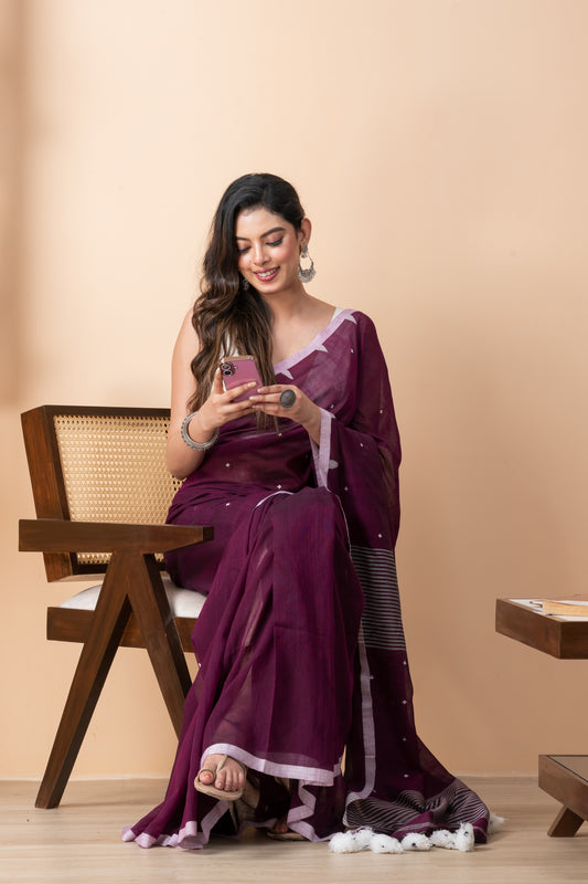 Purple Mul Cotton Jamdani Buta Saree with Big Tassels