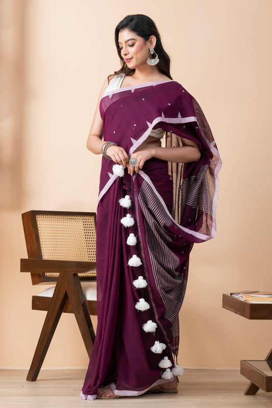 Purple Mul Cotton Jamdani Buta Saree with Big Tassels