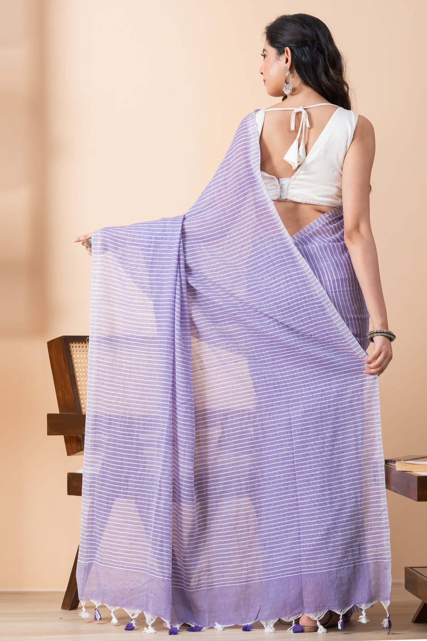 Lavender Khadi Cotton All Over Stripes Saree with Tassels
